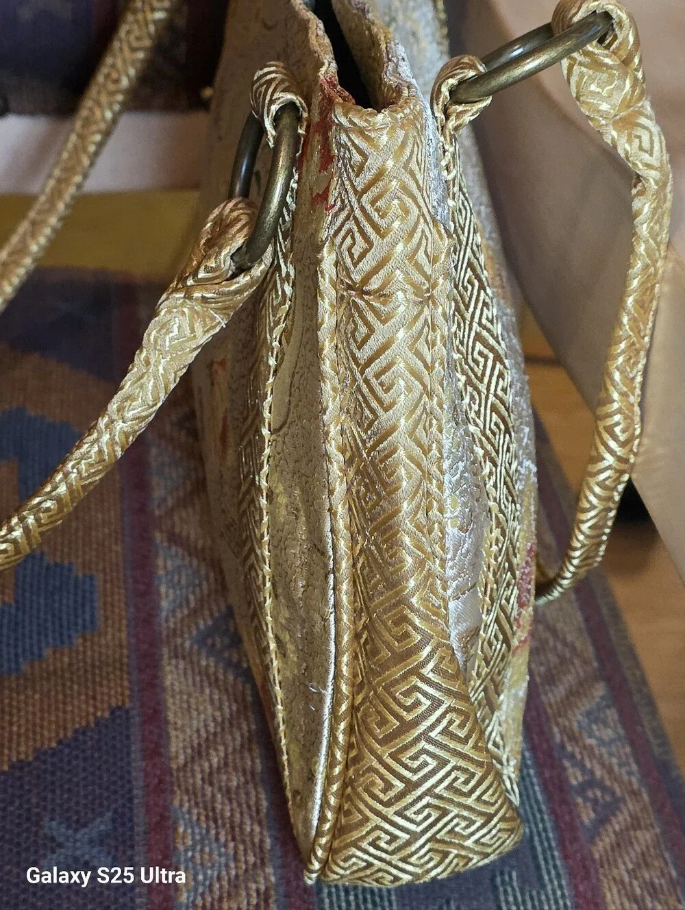 Vintage Yazinu Floral Metallic Brocade Silk Obi Style Asian Motif Shoulder Bag